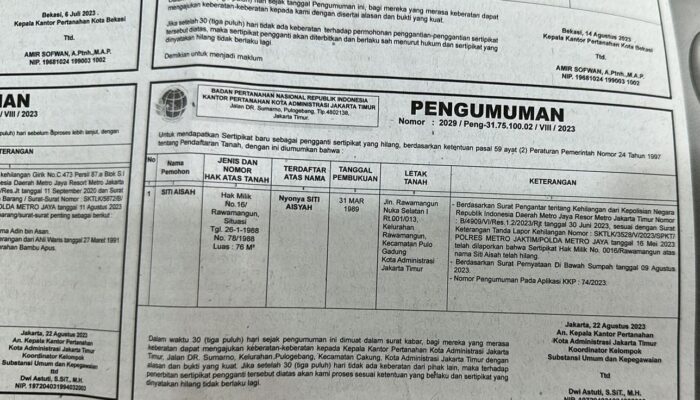 Telah Hilang Sertifikat Hak Milik ( SHM ) Dengan Nomor 05121 Atas Nama Nursan